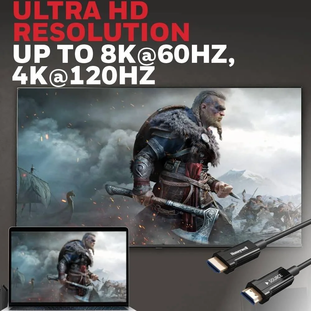 کابل فیبر نوری HDMI 2.1 Honeywell، طول 50 متر، سرعت 48 گیگابیت بر ثانیه، پشتیبانی از رزولوشن UHD 8K@60Hz، نر به نر، کابل فیبر نوری پرسرعت، سازگار با تلویزیون، کنسول بازی و غیره | HC000017/HDM/50M/AOC/V2.1
