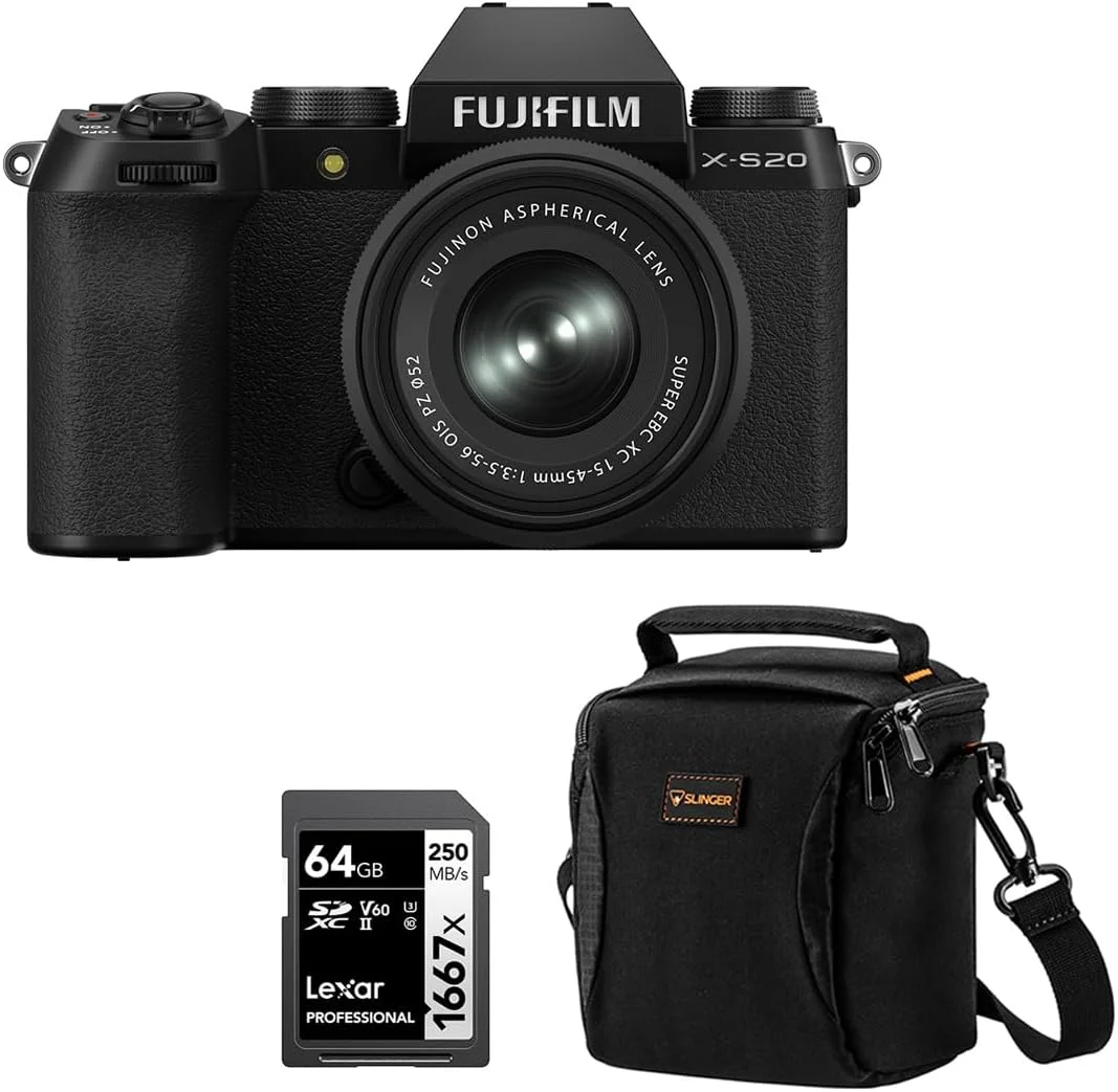 دوربین بدون آینه فوجی فیلم X-S20 با لنز XC 15-45mm f/3.5-5.6 OIS PZ، مشکی، همراه با کارت حافظه 64 گیگابایتی و کیف شانه