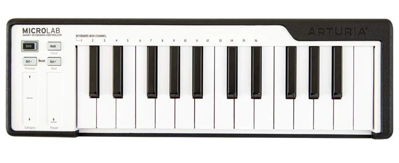 آرتوریا MicroLab - کنترلر USB-MIDI جمع و جور، 25 کلید کوچک حساس به ضربه، دکمه های اکتاو بالا/پایین، دکمه Hold (Sustain) + عملکرد آکورد، مشکی | 230512