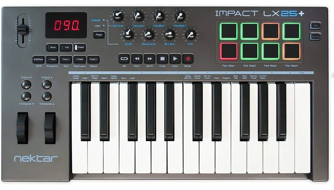 Nektar Impact LX25+ MIDI controller keyboard, 25 Velocity-Sensitive Keys4 Velocity Curves and 3 Fixed Velocities, 8 Control Pots and Single Fader, Full Transport Controls, Black | LX25+