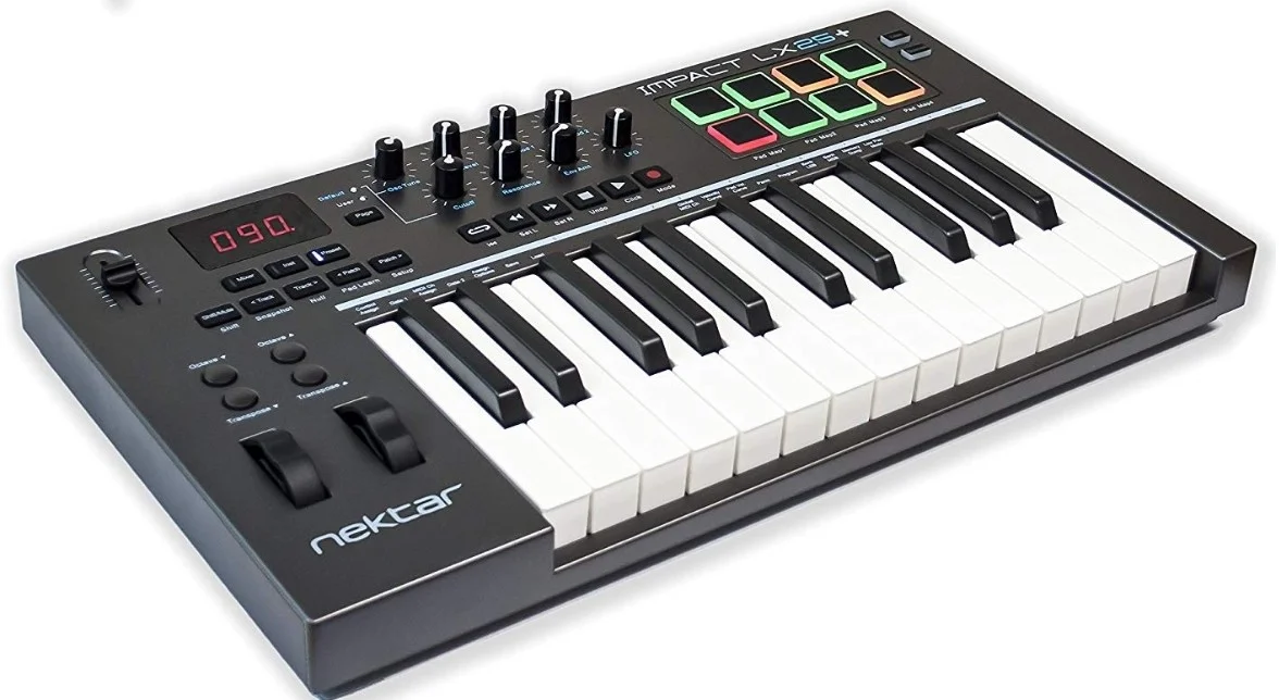 Nektar Impact LX25+ MIDI controller keyboard, 25 Velocity-Sensitive Keys4 Velocity Curves and 3 Fixed Velocities, 8 Control Pots and Single Fader, Full Transport Controls, Black | LX25+