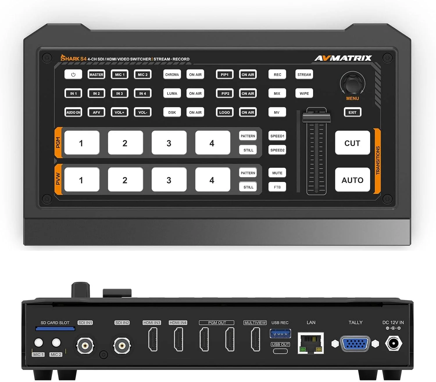 میکسر و سوئیچر ویدئویی AVMATRIX S4 با 2 ورودی HDMI و 2 ورودی SDI، ضبط کننده USB کارت SD، کنترل LAN برای پخش زنده