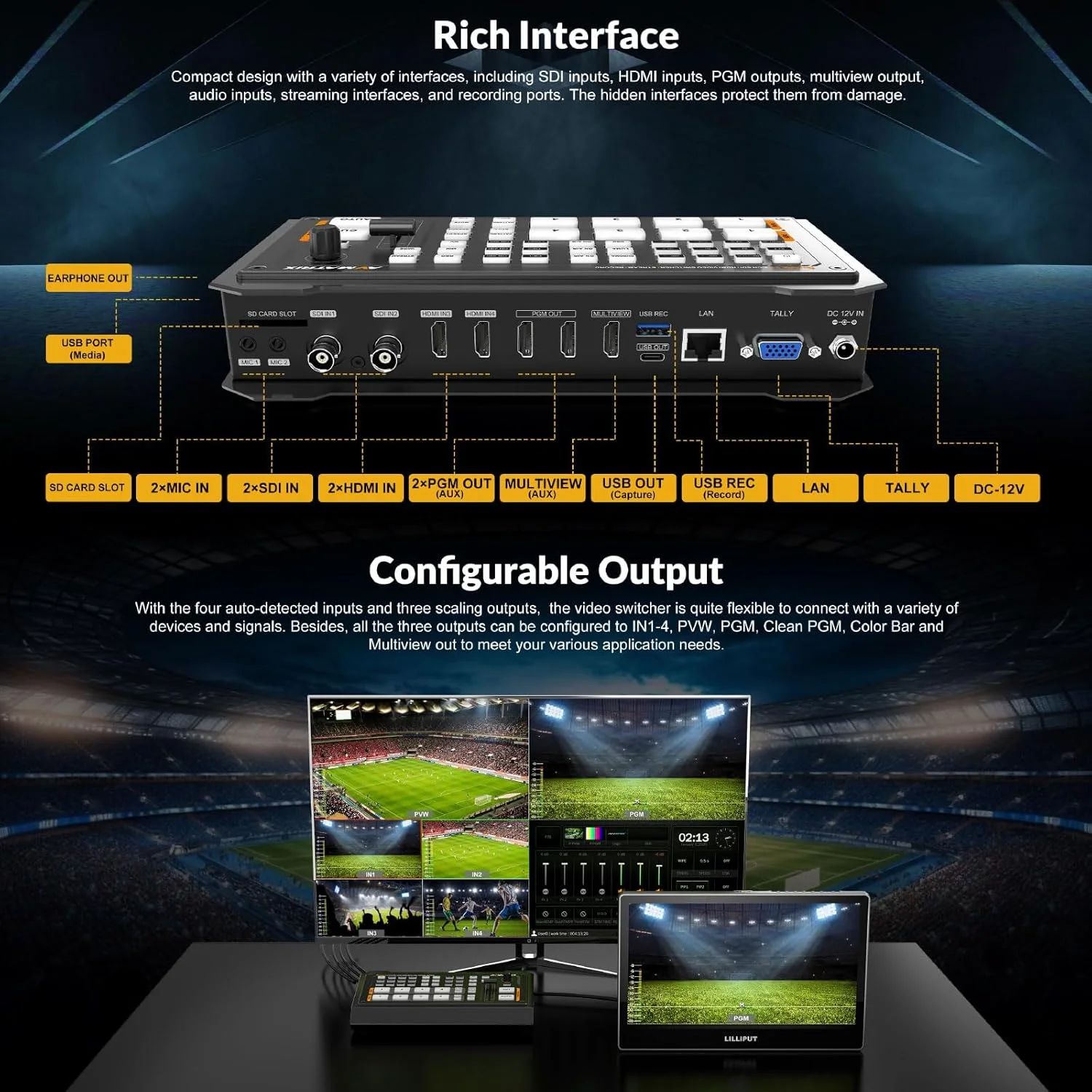 میکسر و سوئیچر ویدئویی AVMATRIX S4 با 2 ورودی HDMI و 2 ورودی SDI، ضبط کننده USB کارت SD، کنترل LAN برای پخش زنده