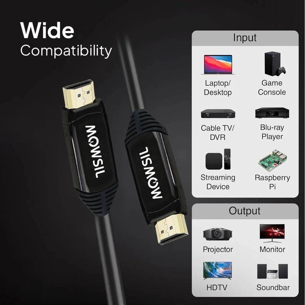 کابل HDMI فیبر نوری Mowsil، 8K 60Hz و 4K 120hz، HDR، نرخ فریم بالا 600MHz، پهنای باند 48 گیگابیت بر ثانیه، صدای 32 کاناله، پشتیبانی کامل از 3D با کیفیت بالا، 10 متر، مشکی | MOC810