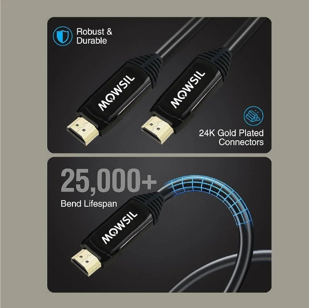 کابل HDMI فیبر نوری Mowsil، 8K 60Hz و 4K 120hz، HDR، نرخ فریم بالا 600MHz، پهنای باند 48 گیگابیت بر ثانیه، صدای 32 کاناله، پشتیبانی کامل از 3D با کیفیت بالا، 10 متر، مشکی | MOC810