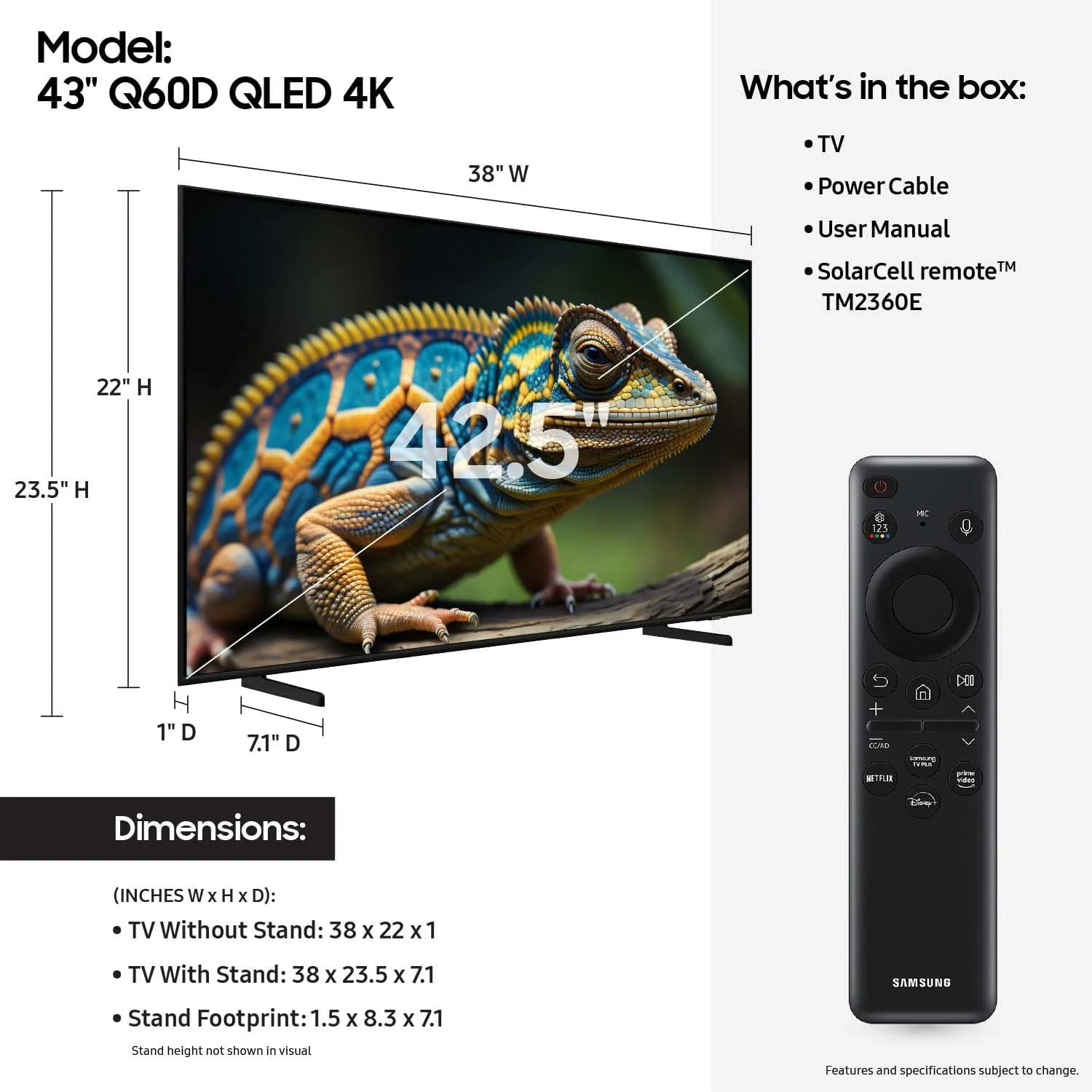 تلویزیون هوشمند 43 اینچی سامسونگ QLED 4K سری Q60D با Quantum HDR، صدای ردیابی اشیاء Lite، Motion Xcelerator، طراحی باریک، Gaming Hub و Alexa داخلی (مدل QN43Q60D، 2024)