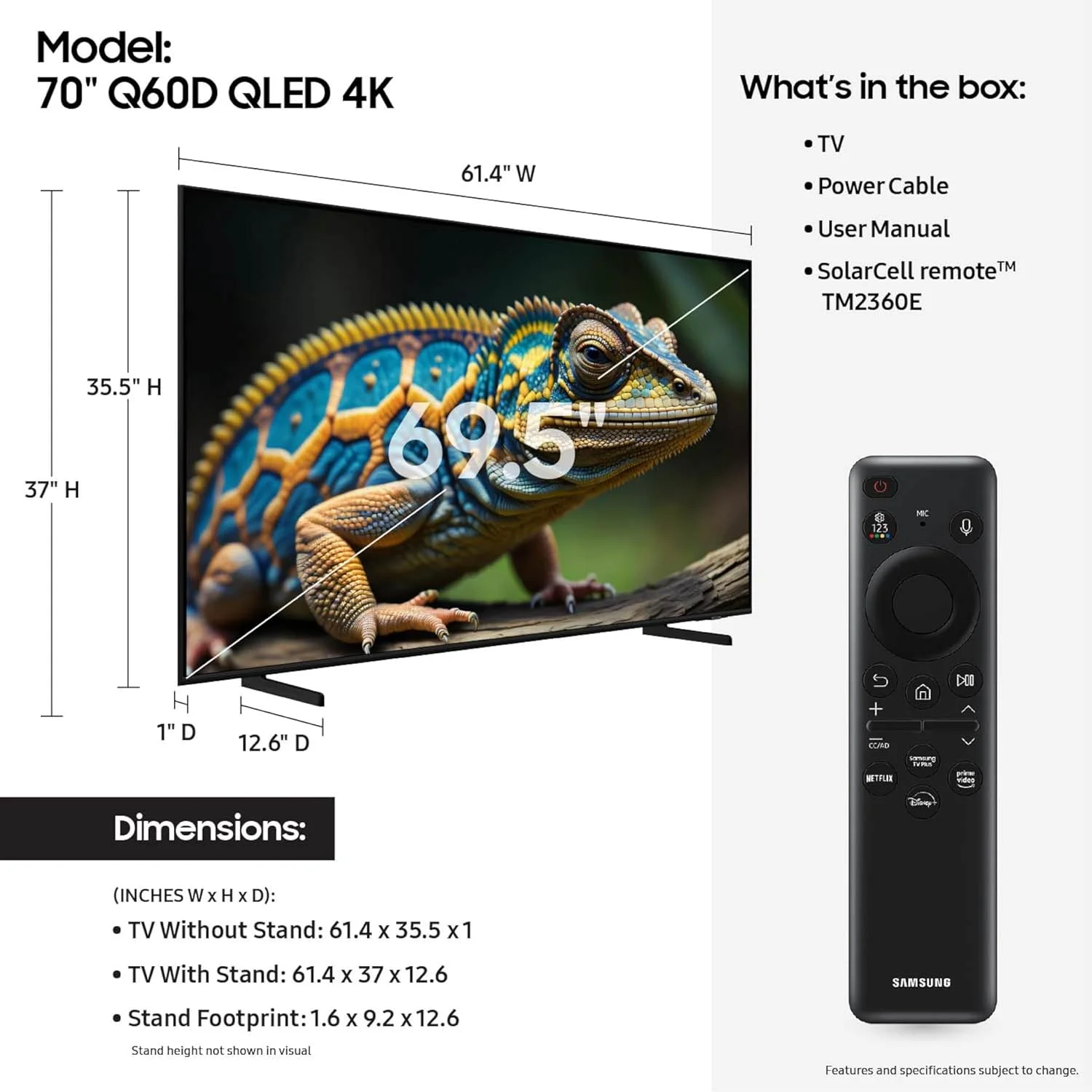 تلویزیون هوشمند 70 اینچی سامسونگ QLED 4K سری Q60D با فناوری Quantum HDR، صدای ردیابی اشیاء Lite، Motion Xcelerator، طراحی باریک، Gaming Hub - نسخه بین المللی (بازسازی شده)