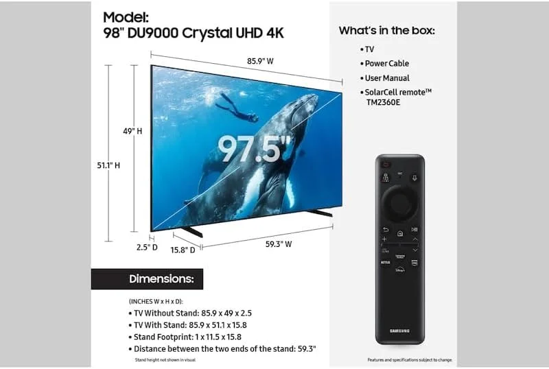 تلویزیون هوشمند 98 اینچی سامسونگ مدل DU9000 Crystal UHD 4K | تلویزیون فوق العاده بزرگ 4K سامسونگ با پردازنده Crystal 4K، HDR10+، Motion Xcelerator 120Hz، Alexa داخلی، طراحی AirSlim - تلویزیون 2024 (مدل بین المللی)