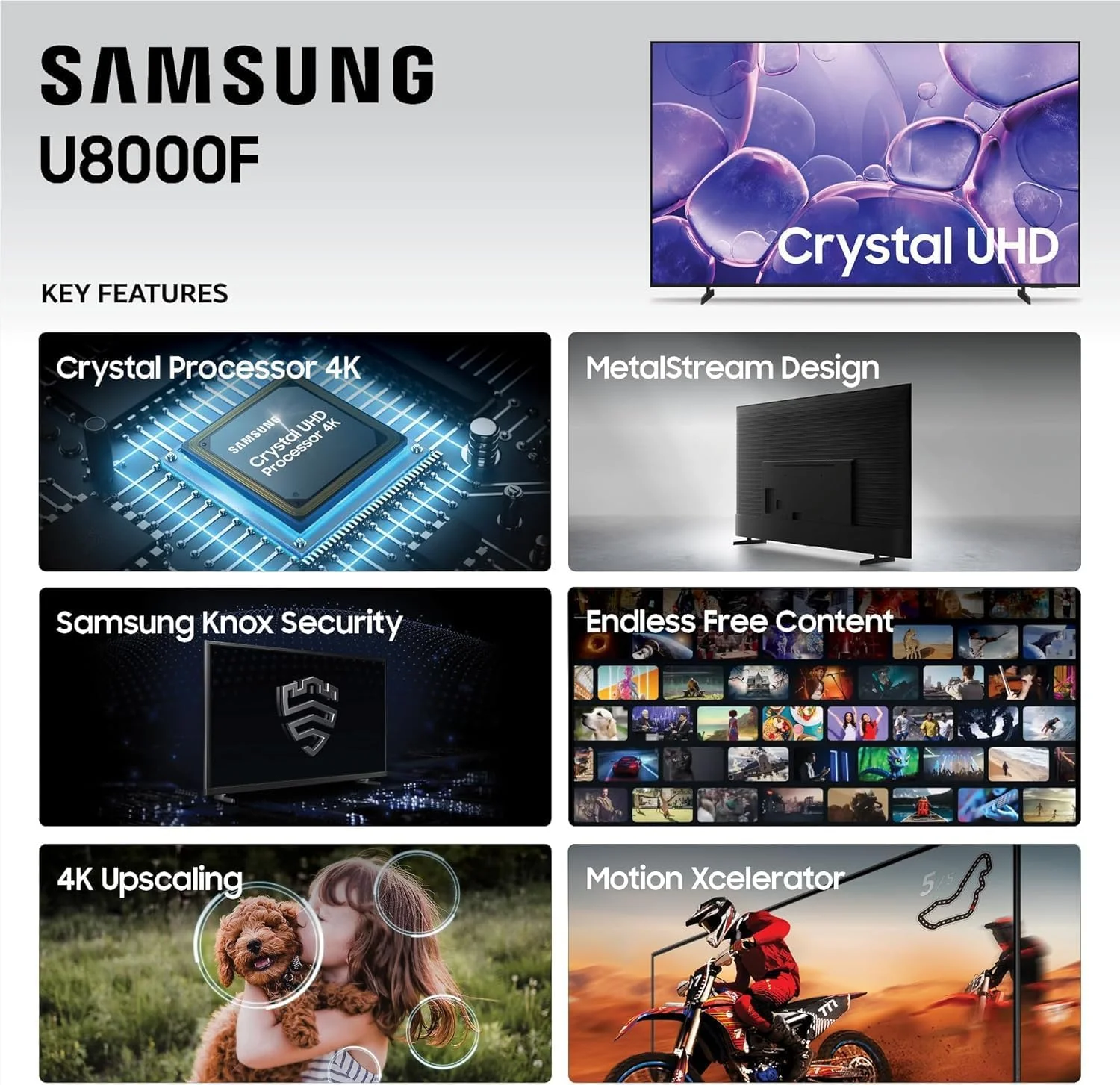 تلویزیون هوشمند 58 اینچ سامسونگ مدل U8000F Crystal UHD 4K با HDR10+، پردازنده Crystal 4K، Motion Xcelerator، Alexa داخلی، سیستم عامل Tizen - طراحی باریک ایده آل برای فیلم، بازی و استریم (مدل 2025)