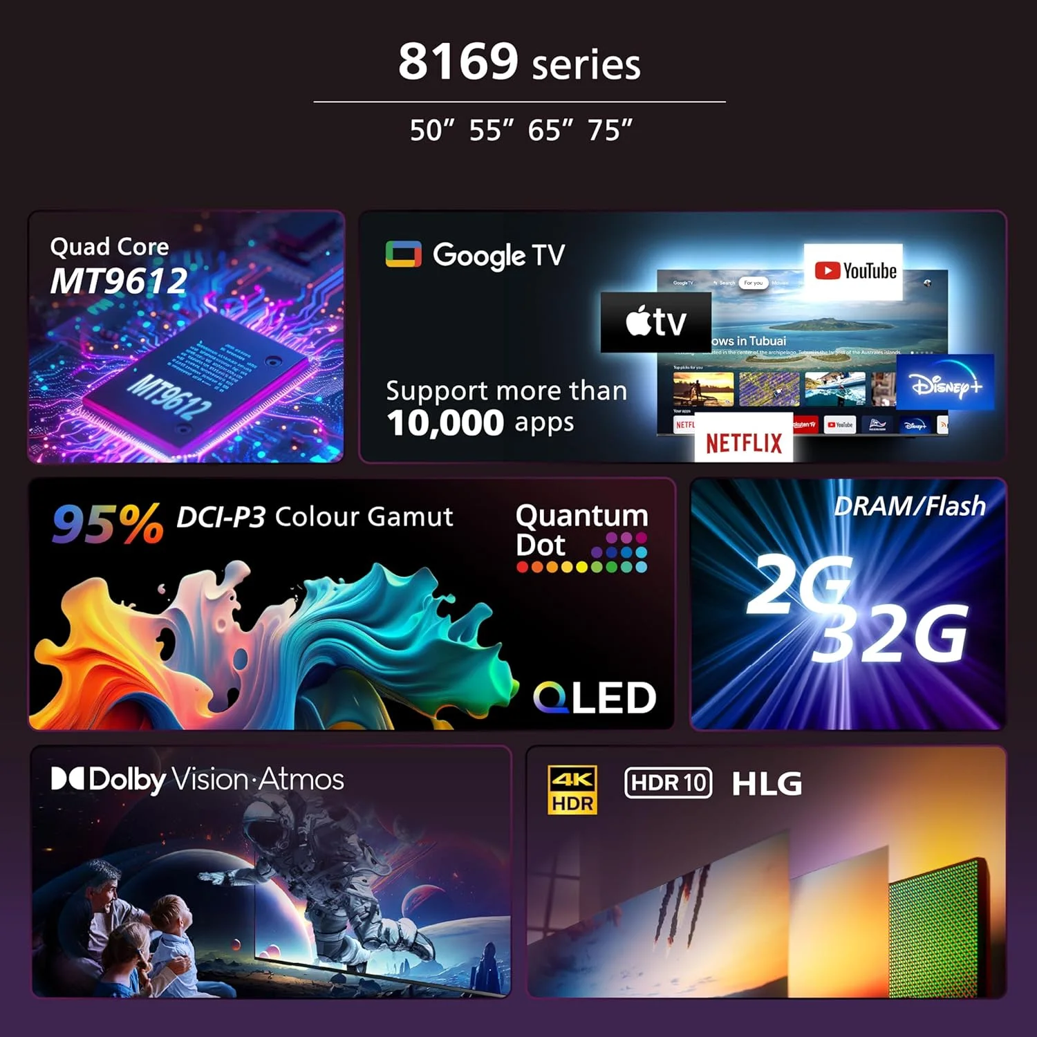 تلویزیون هوشمند 70 اینچ 4K QLED فیلیپس، سری 8100 مدل 70PQT8169/56، دالبی ویژن/HDR 10/HLG، HDMI 2.1، دستیار صوتی گوگل، یوتیوب، نتفلیکس، شاهد - تصویر 3