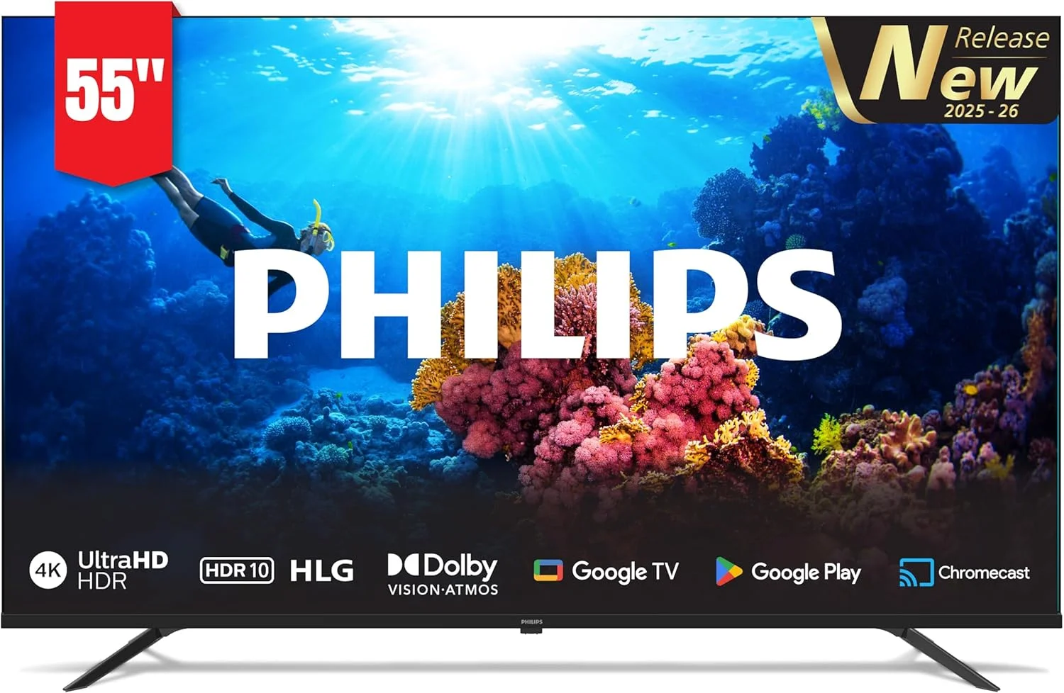 تلویزیون هوشمند 55 اینچی فیلیپس با Google TV (مدل جدید 2025-26) 4K UHD | دستیار گوگل | گوگل کست | HDR | HLG | MEMC | DOLBY AUDIO | محتوای جهانی گوگل | 55PUT7390