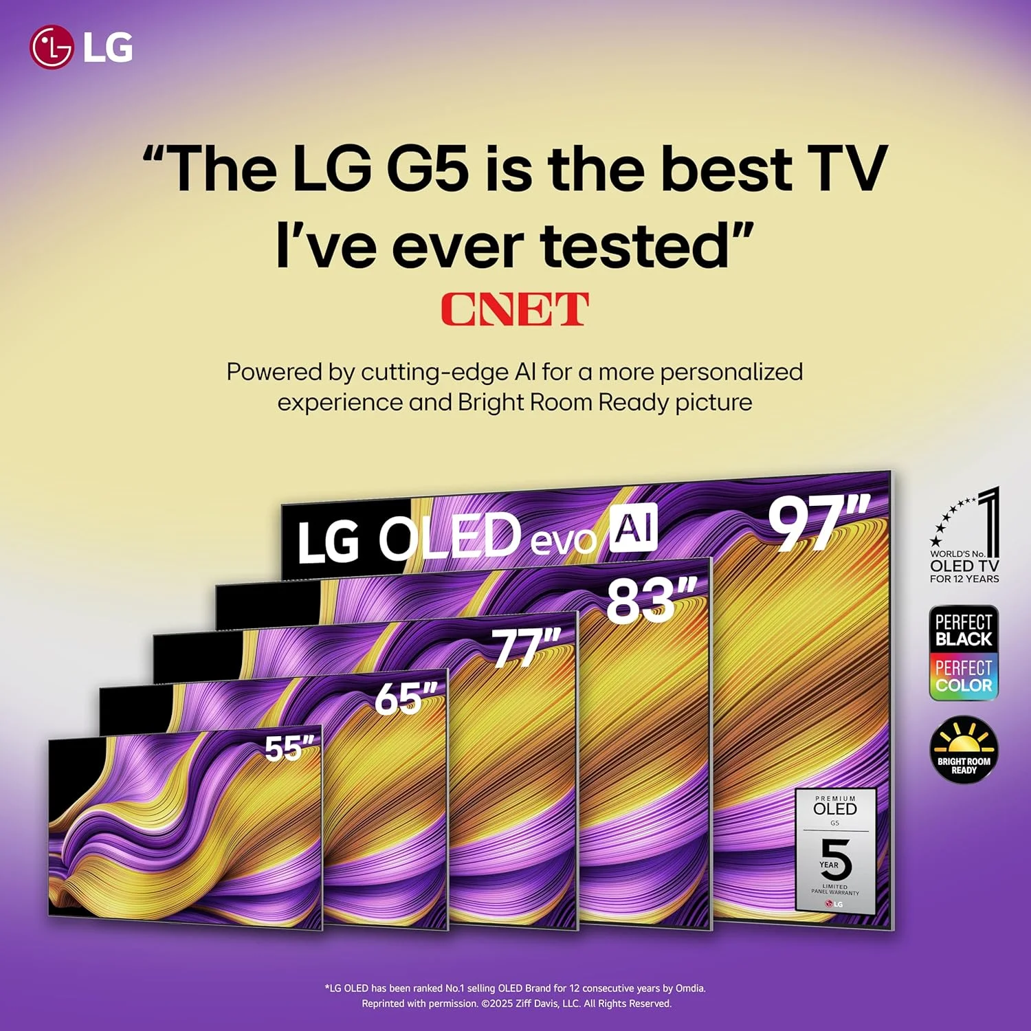 تلویزیون هوشمند 83 اینچی LG OLED evo AI 4K سری G5 با Dolby Atmos، Dolby Vision، HDR10، AI Super Upscaling 4K، Filmmaker Mode، Wow Orchestra و Alexa داخلی (OLED83G5WUA، 2025)