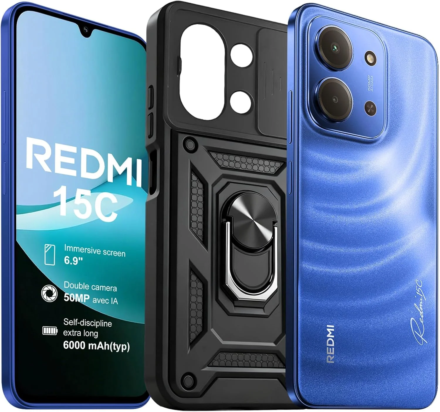 گوشی هوشمند شیائومی Redmi 15C با حافظه 128 گیگابایت و رم 4 گیگابایت، صفحه نمایش 6.9 اینچی 120 هرتز، دوربین هوش مصنوعی 50 مگاپیکسلی، باتری 6000 میلی آمپر ساعتی با شارژ سریع 33 واتی، پردازنده هشت هسته ای، آبی تیره (همراه با کاور)