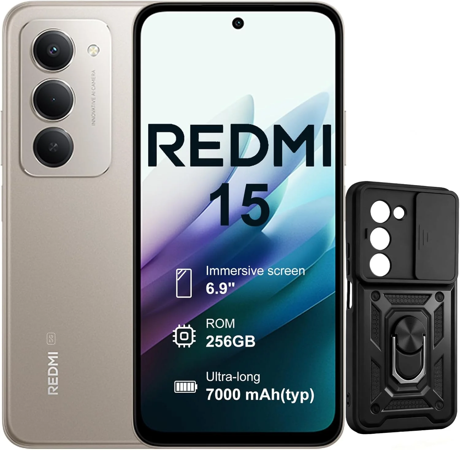 گوشی هوشمند شیائومی Redmi 15-5G با 8 گیگابایت رم و 256 گیگابایت حافظه داخلی، صفحه نمایش 6.9 اینچی 144 هرتز، دوربین دوگانه 50 مگاپیکسلی، پردازنده Snapdragon 685، باتری 7000 میلی آمپر ساعتی، خاکستری، همراه با قاب گوشی (شارژر شامل نمی شود)