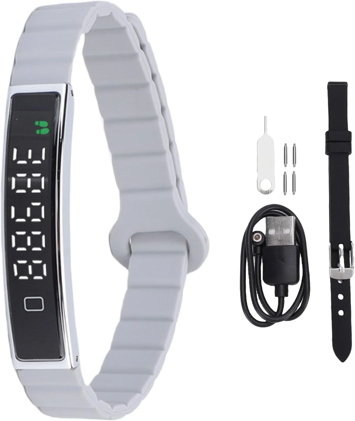 دستبند هوشمند، ردیاب فعالیت بدنی ضد آب، گام شمار، مچ بند سلامتی با قابلیت عکس گرفتن از راه دور برای گوشی های اندروید (نقره ای)