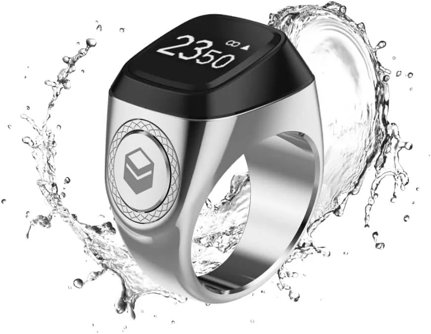 حلقه ذکر iQIBLA - حلقه تسبیح هوشمند، نماز مسلمانان، یادآوری زمان نماز، صفحه نمایش OLED، شمارنده تسبیح، حلقه هوشمند، فناوری پوشیدنی، ضد آب - نقره ای - 20 میلی متر، 1-20B