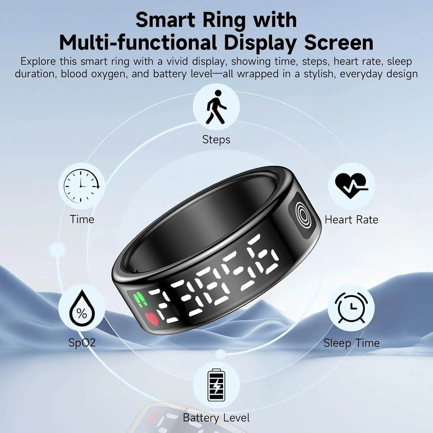 حلقه هوشمند YelaJoy با نمایشگر، ردیاب تناسب اندام، پایشگر ضربان قلب، ردیاب خواب، گام شمار، کنترل حرکتی برای TikTok و دوربین - ضد آب IP68، قطر داخلی 19.0 میلی متر، با جعبه شارژ