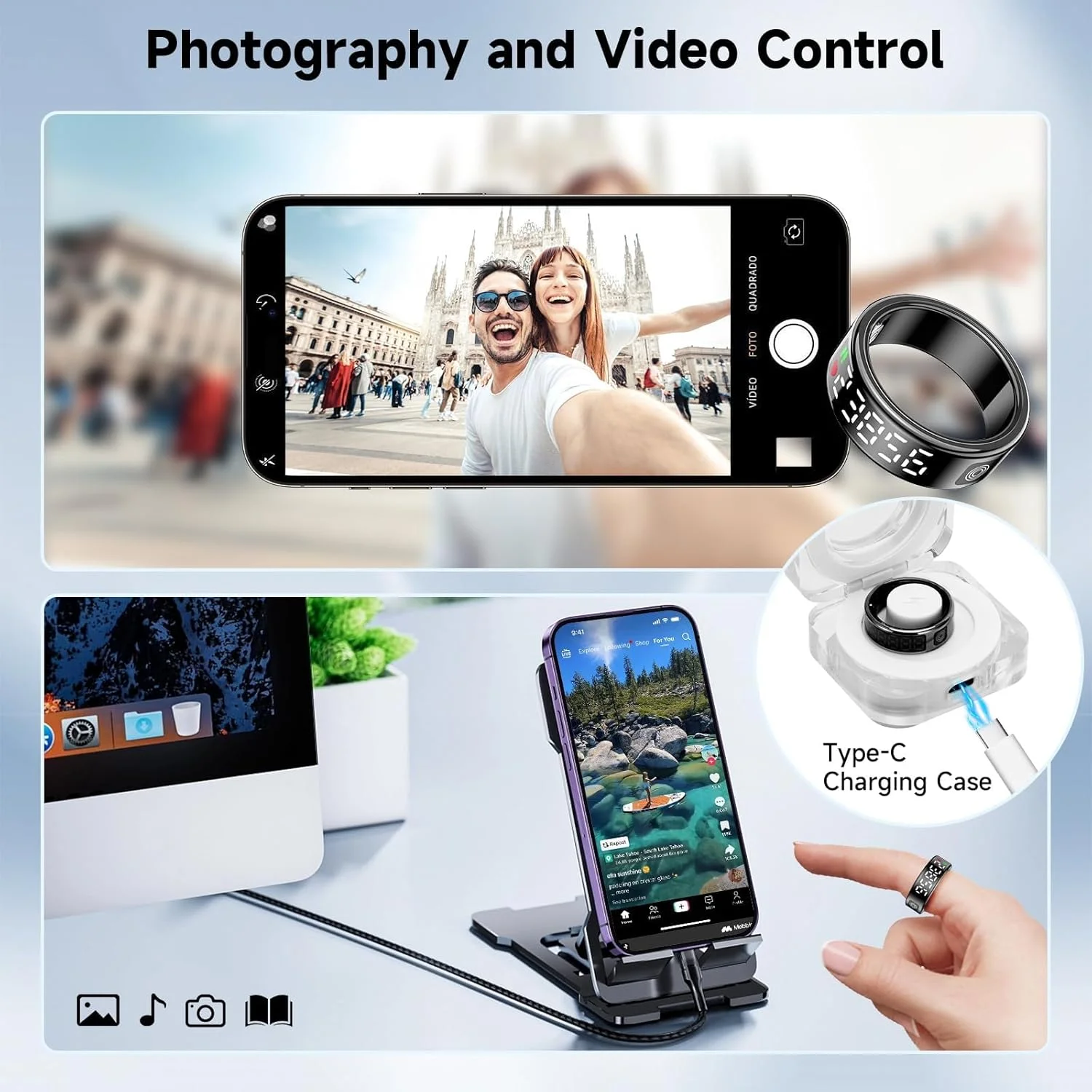 حلقه هوشمند YelaJoy با نمایشگر، ردیاب تناسب اندام، پایشگر ضربان قلب، ردیاب خواب، گام شمار، کنترل حرکتی برای TikTok و دوربین - ضد آب IP68، قطر داخلی 19.0 میلی متر، با جعبه شارژ