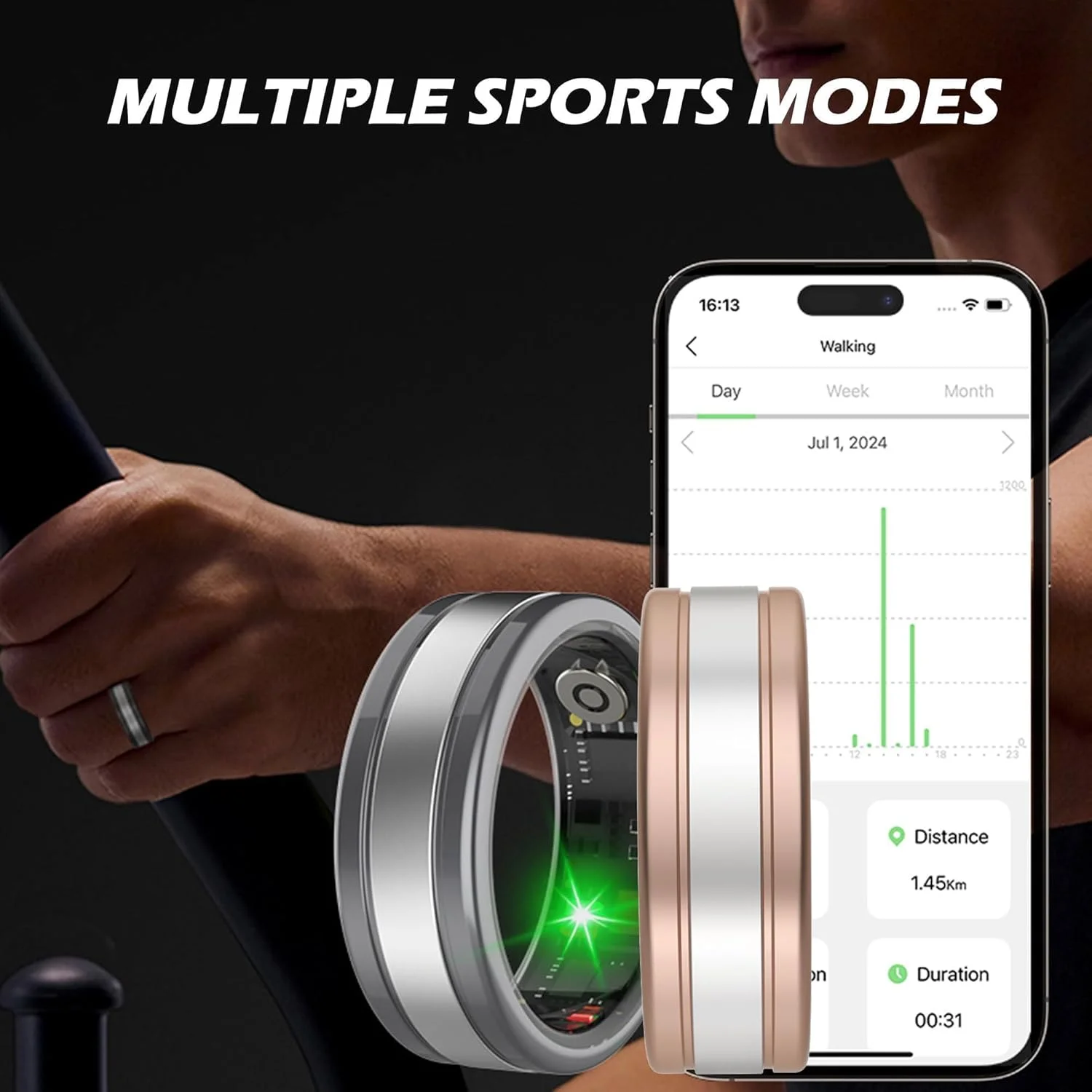 حلقه هوشمند، حلقه ورزشی ضدآب IP68 با قطر 19.9 میلی‌متر، حلقه ردیابی تناسب اندام با پایش ضربان قلب، گام شمار، پایش اکسیژن خون، پایش خواب، عکاسی از راه دور، کنترل ویدیو کوتاه، مشکی