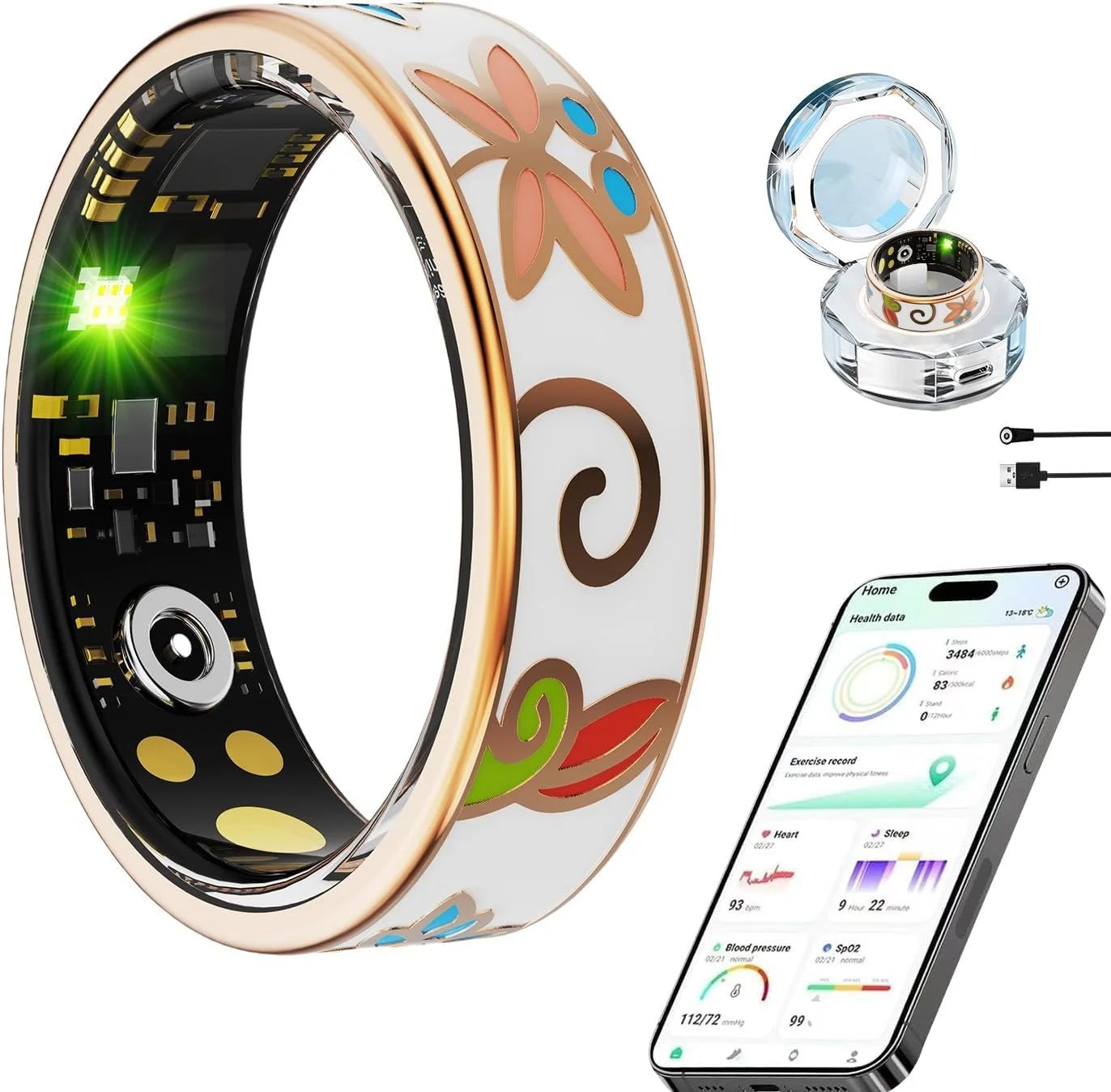 حلقه هوشمند ردیاب تناسب اندام برای زنان و مردان با قابلیت سنجش ضربان قلب/اکسیژن خون/شمارش گام/پایش خواب، ضد آب برای آیفون و اندروید، بدون هزینه اشتراک (طلای میناکاری، سایز 8)