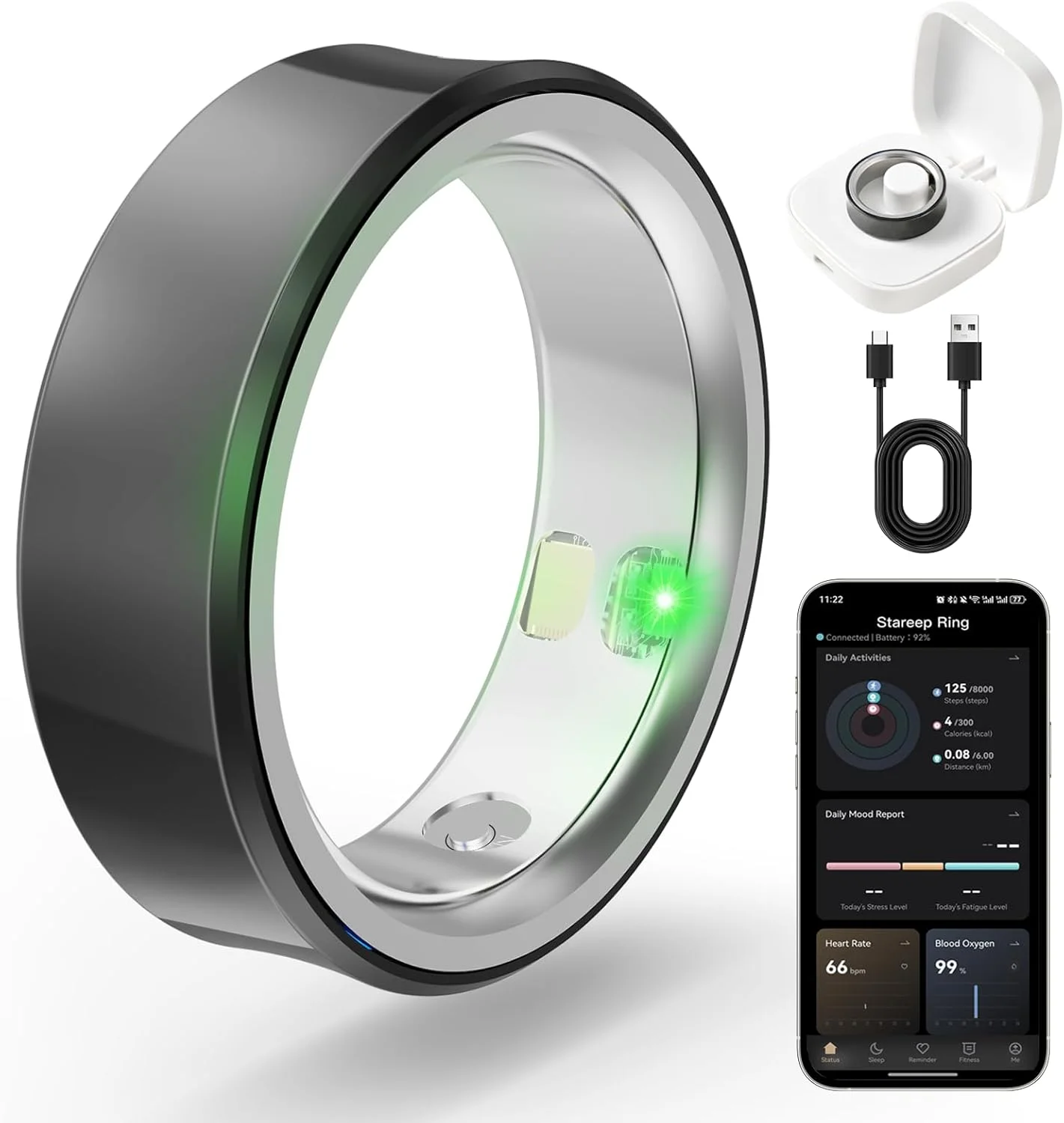 حلقه هوشمند ردیاب سلامتی با یادآوری های لمسی - پایش پیشرفته خواب و احساسات، تجزیه و تحلیل تناسب اندام، سازگار با iOS و Android (لمسی - سرامیک مشکی، 12-21.9 میلی متر)