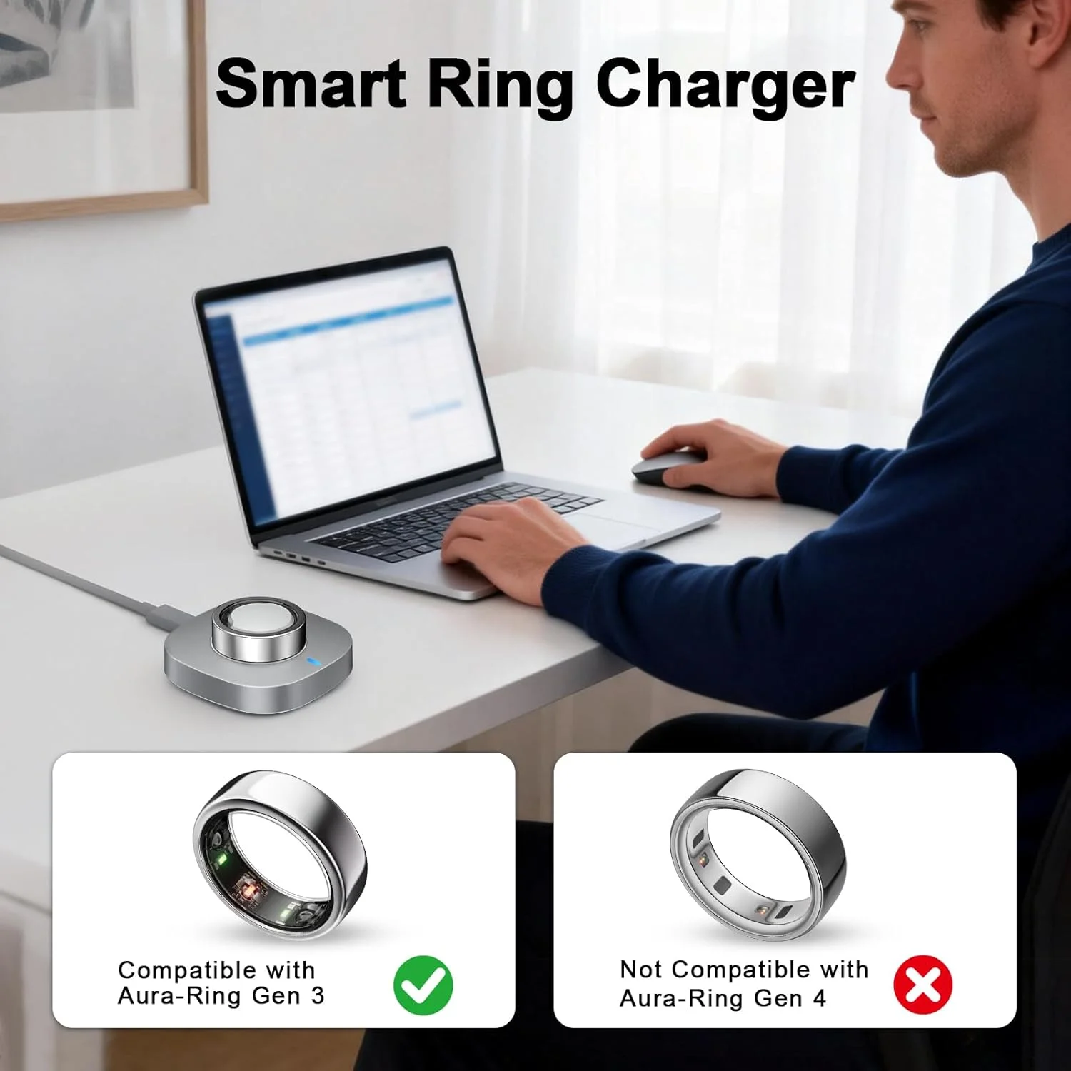 پایه شارژر سازگار با حلقه هوشمند Oura Ring Gen 3 Horizon/Heritage - سایز 8، داک شارژ سریع و ایمن با کابل USB-C برای حلقه هوشمند