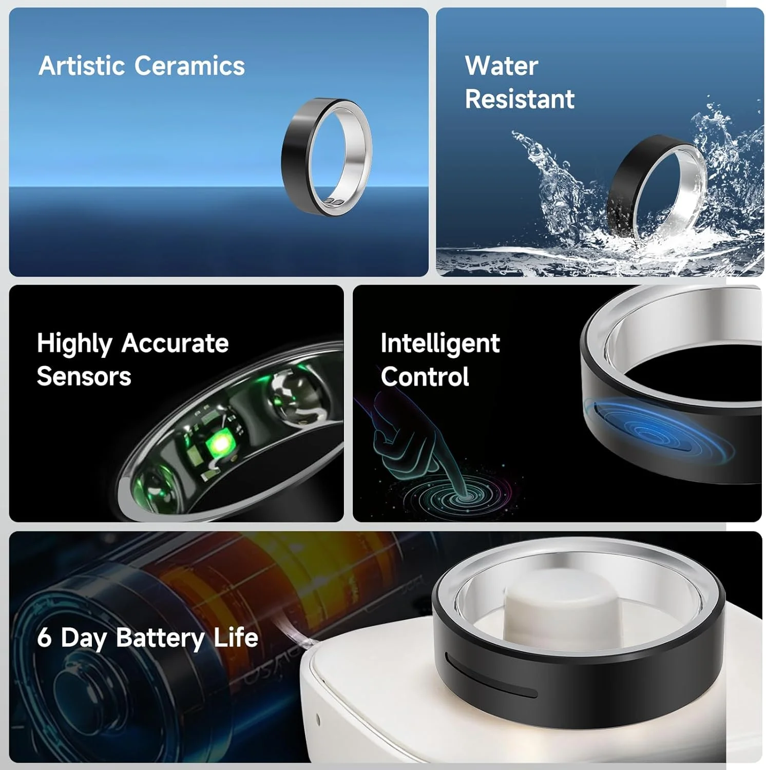 حلقه هوشمند ردیاب سلامتی با یادآوری های لمسی - پایش پیشرفته خواب و احساسات، تجزیه و تحلیل تناسب اندام، سازگار با iOS و Android (لمسی - سرامیک مشکی، 12-21.9 میلی متر)