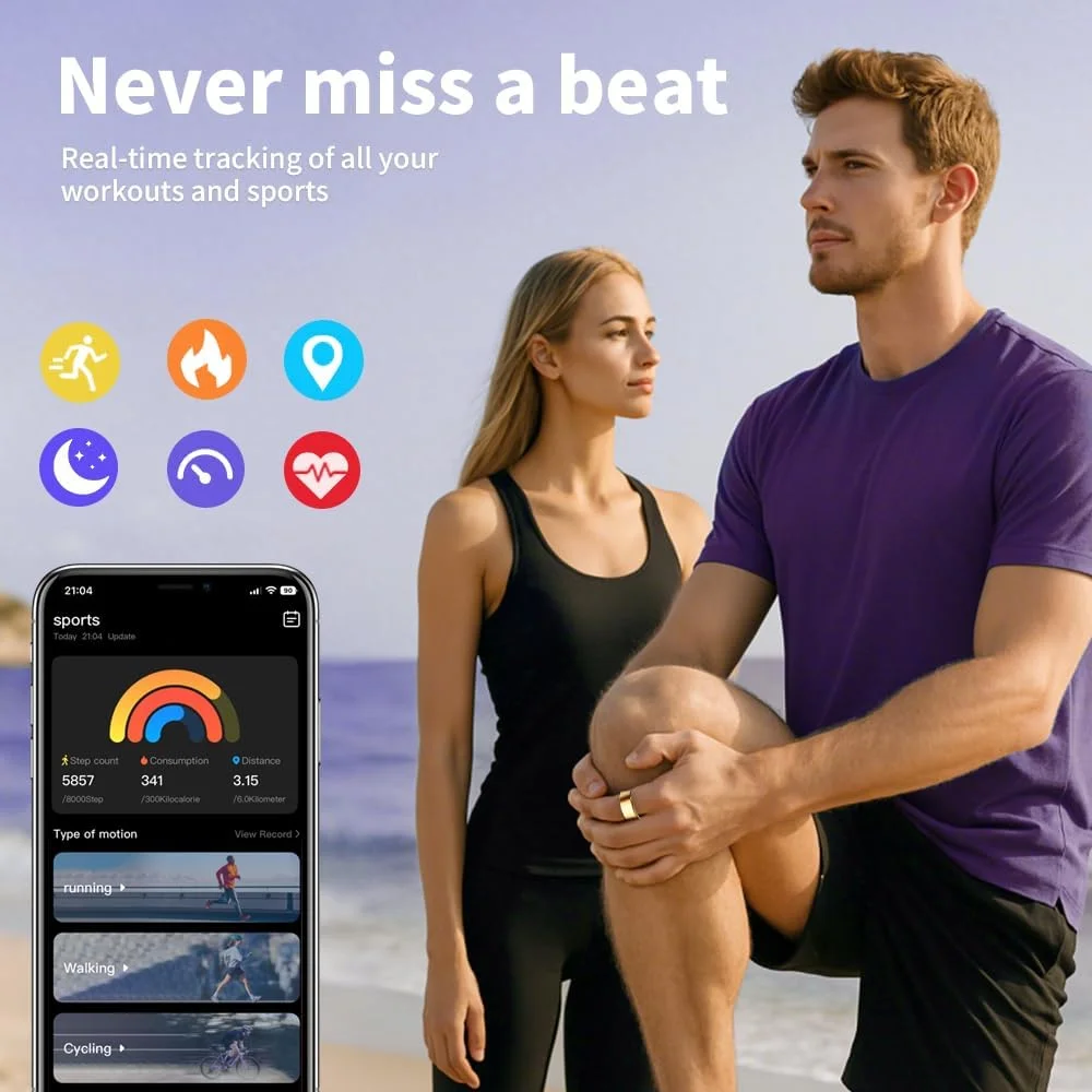 حلقه هوشمند با هوش مصنوعی برای زنان و مردان | حلقه ردیاب خواب با ضربان قلب و اکسیژن خون | حلقه تناسب اندام ضد آب 10ATM | گام شمار و ردیاب فعالیت GPS | باتری 7 روزه (طلایی، 13)