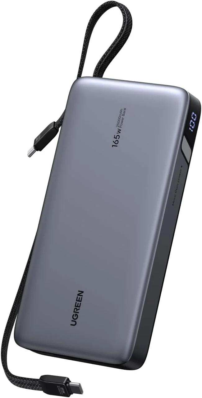 پاور بانک UGREEN Nexode، شارژر قابل حمل فوق سریع 165 واتی 25000 میلی آمپر ساعتی برای دو لپ تاپ، بسته باتری شارژ سریع با دو کابل USB-C بافته شده، سازگار با MacBook، iPad، iPhone 17، Samsung S25
