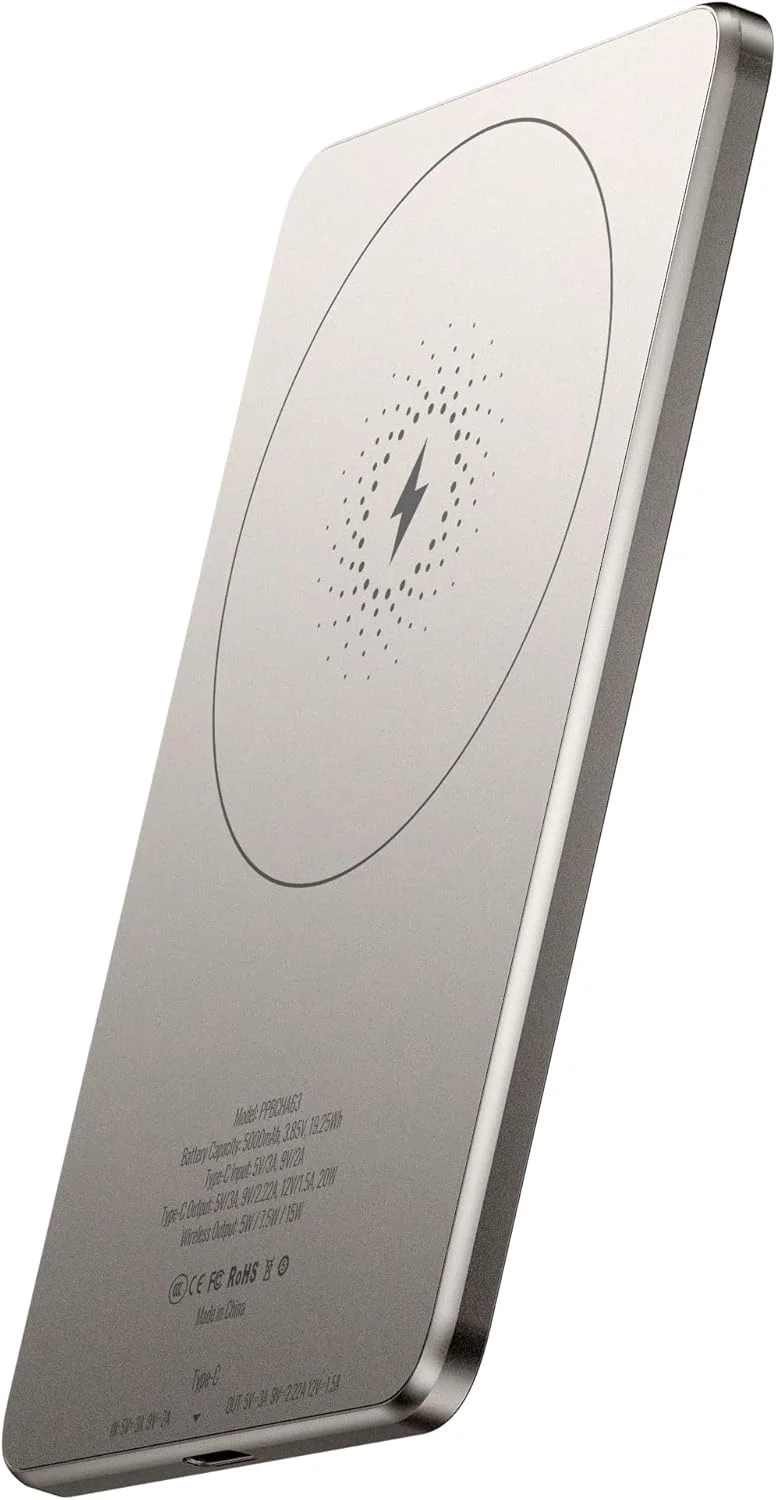 پاوربانک 5000mAh Powerology Qi2، سازگار با MagSafe، فوق العاده نازک، شارژر بی سیم قابل حمل Qi2 با شارژ سریع، شارژ سیمی PD 20W تلفن همراه، آهنرباهای قوی، جنس آلومینیوم (تیتانیوم)