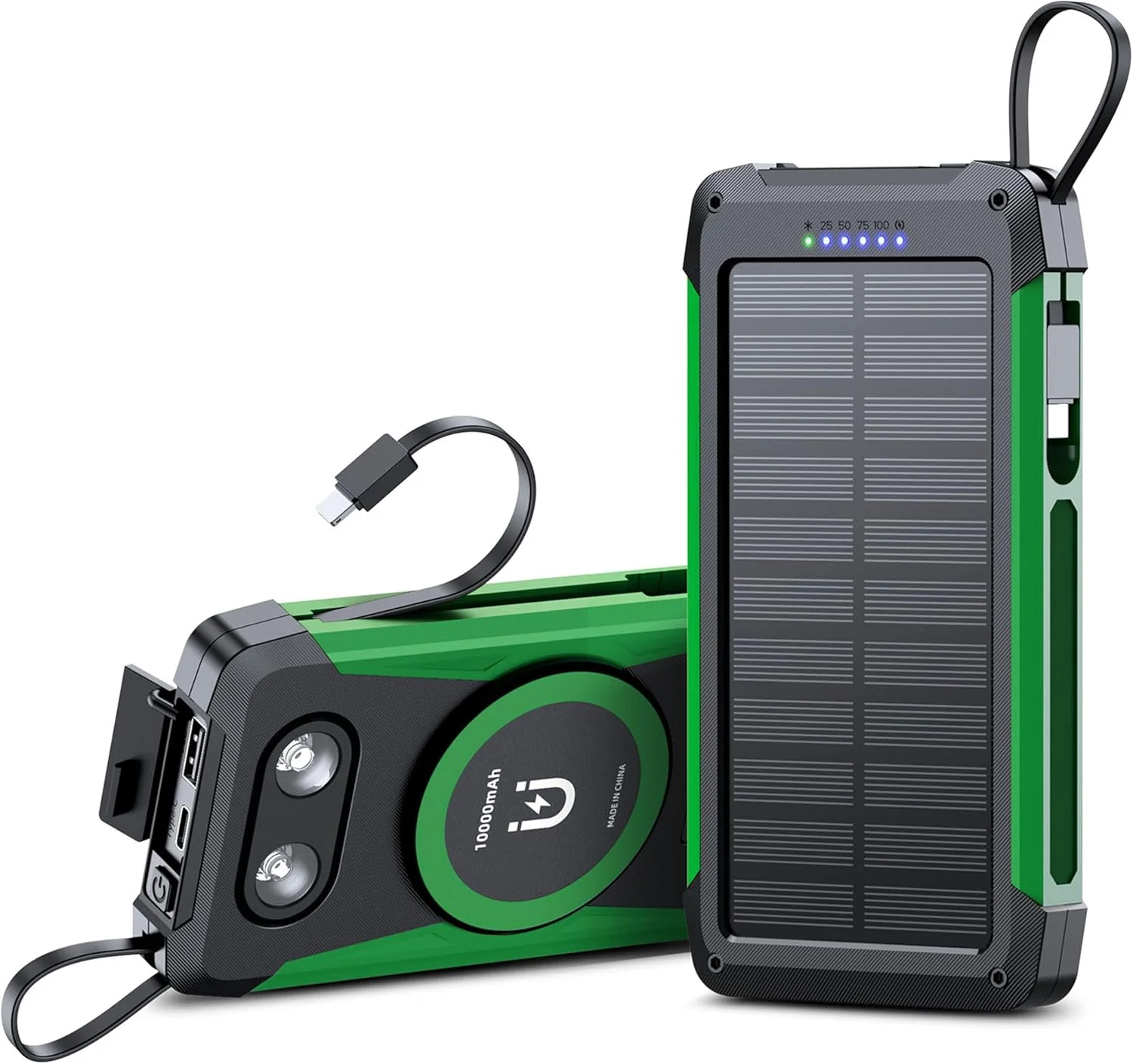 پاوربانک خورشیدی گرین لاین 20000 میلی آمپر ساعت، 22.5 وات QC و 20 وات PD، دارای 4 کابل USB داخلی (Type-C/USB-A/Micro/Lightning)، چراغ قوه LED با 4 حالت، پاوربانک خورشیدی و بسته باتری پشتیبان برای مسافرت و کمپینگ