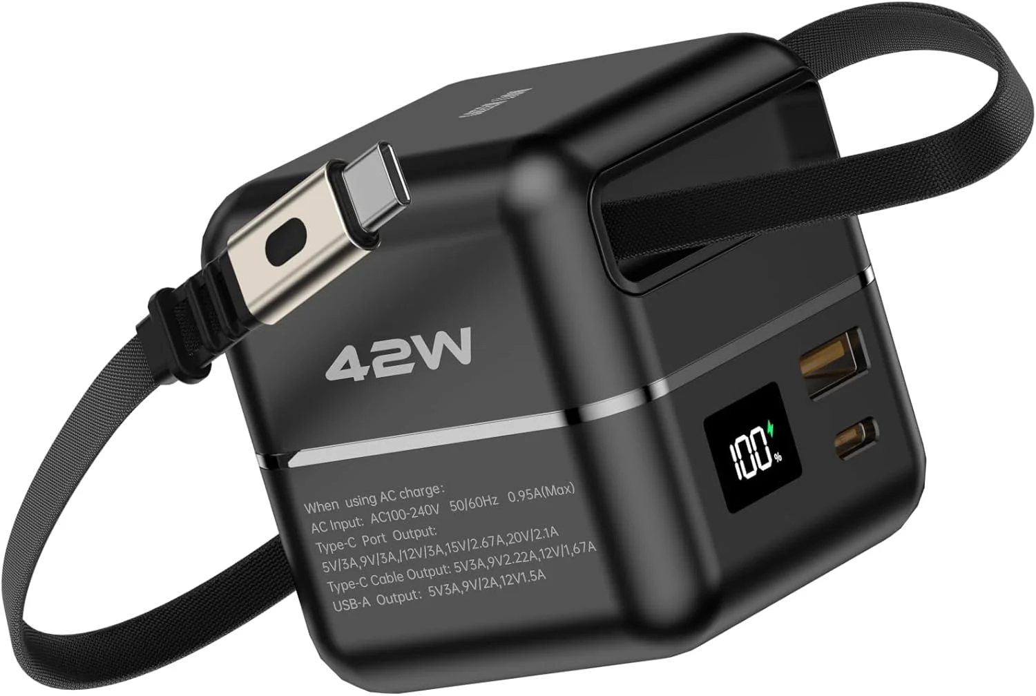 شارژر دیواری و پاوربانک 2 در 1 Green Lion GaN، آداپتور دیواری 45 واتی PD با کابل جمع شونده 1 متری USB-C، نمایشگر دیجیتال، 3 خروجی (2xUSB-C و 1xUSB-A)، مشکی