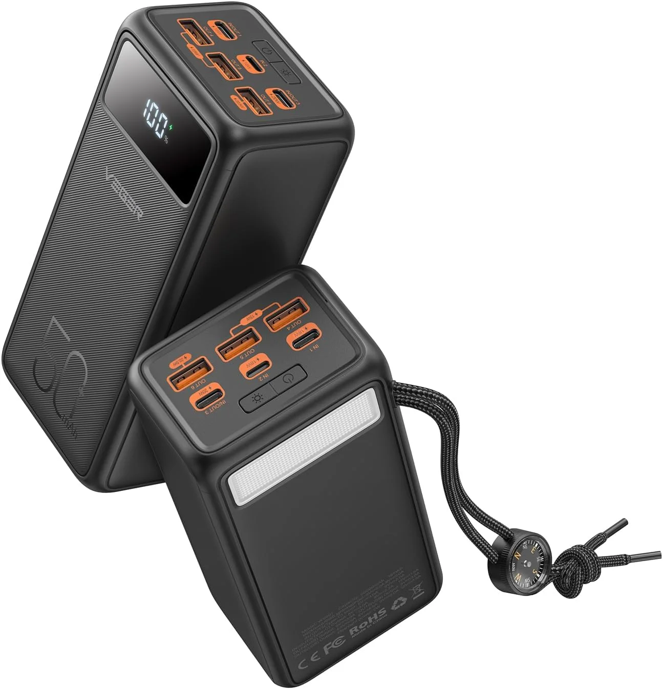 پاور بانک VEGER با ظرفیت 50000 میلی آمپر ساعت، شارژر قابل حمل 20 واتی PD/QC3.0 با ظرفیت بالا، شارژ سریع USB C به همراه کابل، نمایشگر LED، چراغ قوه قوی 3 حالته و قطب نما برای فضای باز