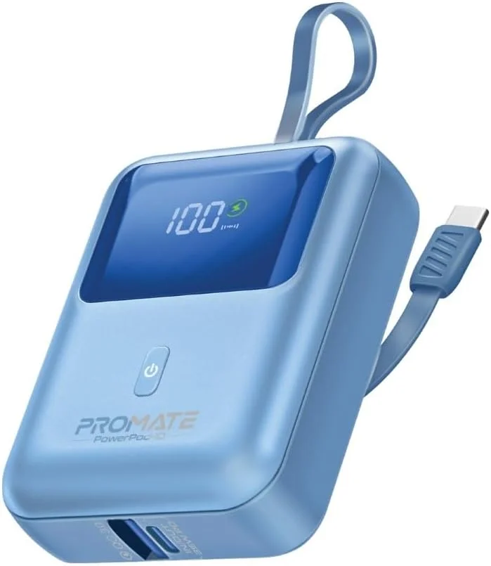پاوربانک پرومیت PowerPod-10، شارژر قابل حمل جهانی 10000 میلی آمپر ساعتی فوق العاده جمع و جور، دارای کابل USB-C داخلی 35 واتی، پورت USB-C Power Delivery 35 واتی و پورت USB-A QC 3.0 18 واتی برای آیفون 17، گلکسی S24، آبی