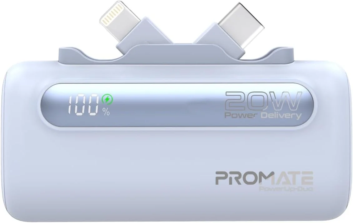 پاور بانک پرومیت، پاور بانک مینی 5000 میلی آمپر ساعتی با کانکتور تاشو USB-C ورودی/خروجی 20 واتی، کانکتور تاشو لایتنینگ 12 واتی، پورت USB-C ورودی/خروجی 20 واتی فوق سریع، نمایشگر 1000 LED، PowerUp-Duo آبی
