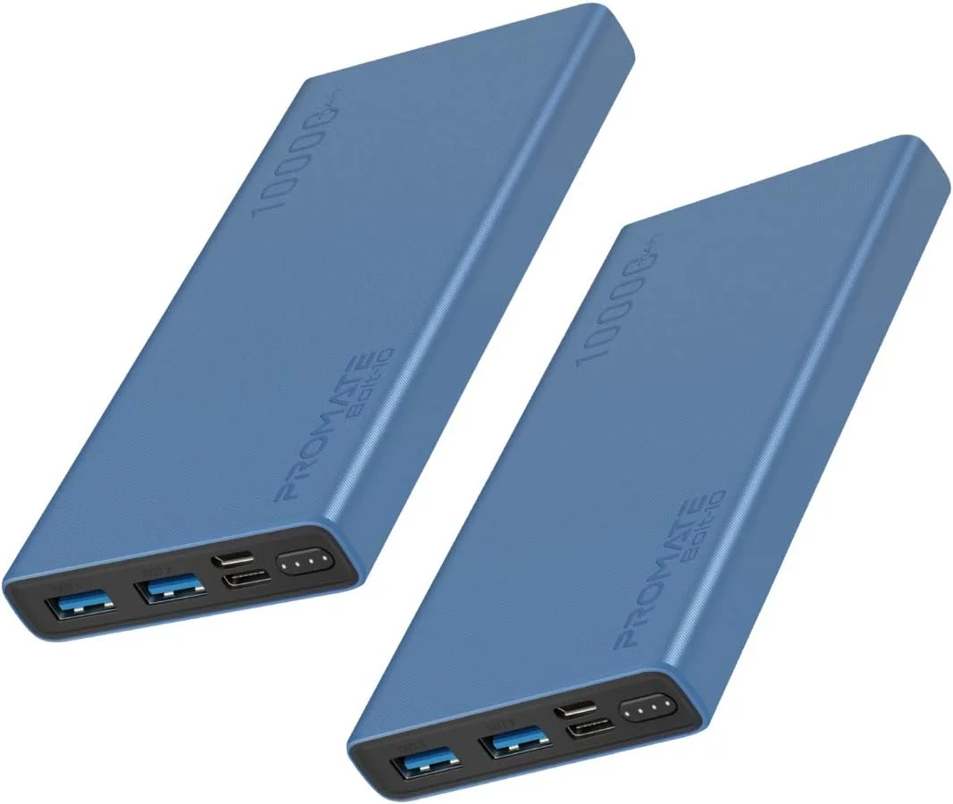 شارژر همراه 10000mAh پرومیت، پاور بانک USB دوگانه 2.0A با شارژ سریع به همراه درگاه ورودی Type-C و محافظت در برابر شارژ بیش از حد برای تلفن های هوشمند، تبلت ها، آی پاد، Bolt-10 آبی (بسته 2 عددی)