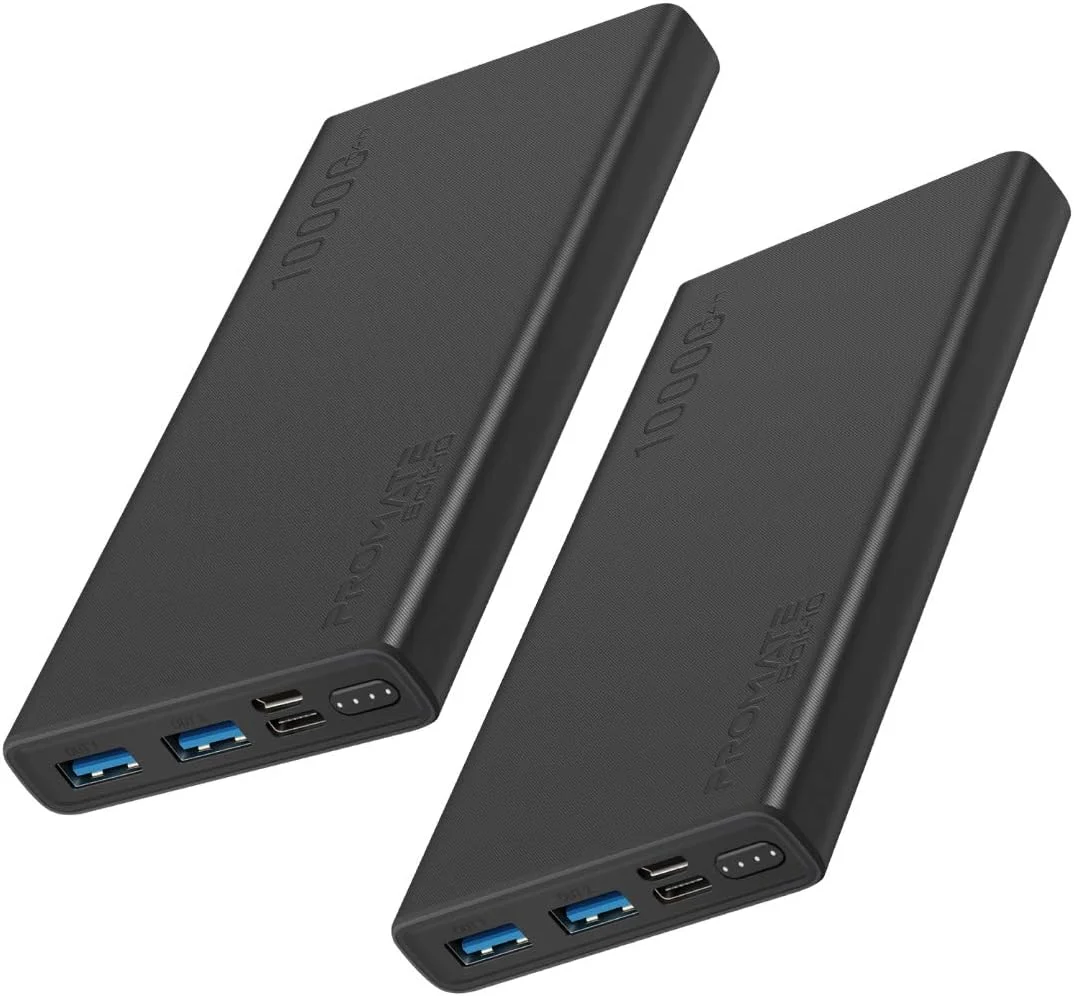 شارژر همراه 10000 میلی آمپر ساعتی پرومیت، پاوربانک USB دوگانه 2.0 آمپر با درگاه ورودی Type-C و محافظت در برابر شارژ بیش از حد برای تلفن های هوشمند، تبلت ها، آی پاد، Bolt-10 مشکی (بسته 2 عددی)