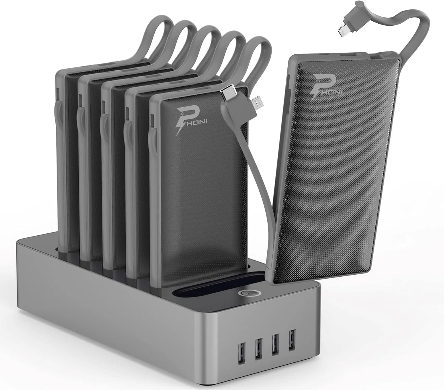 ایستگاه شارژ پاوربانک قابل حمل فونی 6 در 1 با کابل داخلی لایتنینگ، USB-C، میکرو USB، شارژ سریع، باریک و جمع و جور 10000 میلی آمپر ساعت سازگار با آیفون، سامسونگ، آیپد و غیره (مشکی)