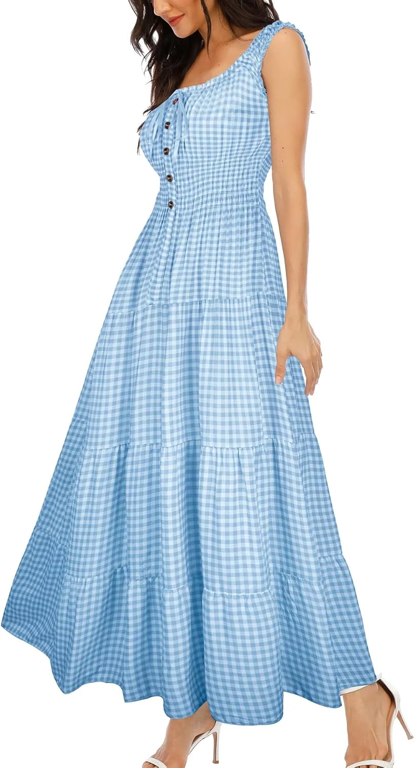 لباس ماکسی بلند زنانه بدون آستین طرح بوهو مناسب تابستان، طرح چهارخانه آبی، سایز L