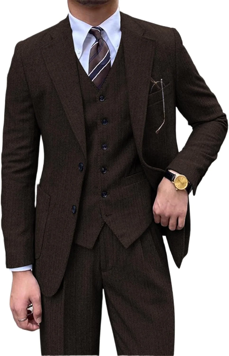 Retro Tweed 3 Piece Men's Suit,Vintage Herringbone Suit for Men's Wedding Prom Business Formal Casual Blazer Vest Pants Set
