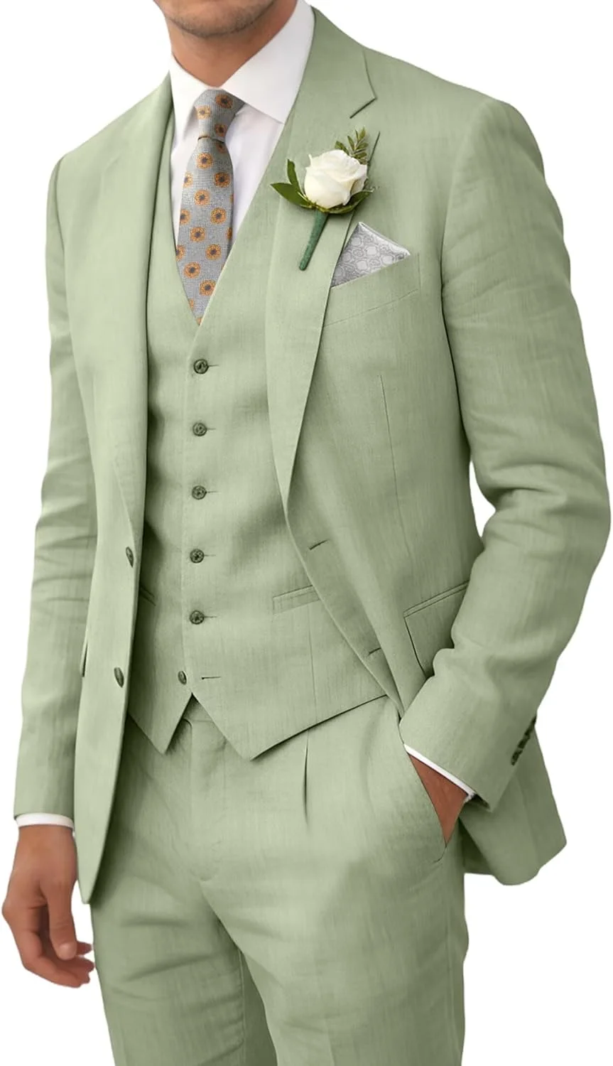 کت و شلوار مردانه کتان Wehilion Retro مناسب ساحل، عروسی، تابستان، مدل Slim Fit، سه تکه، سبک و خنک (کت، جلیقه، شلوار) تاکسیدو