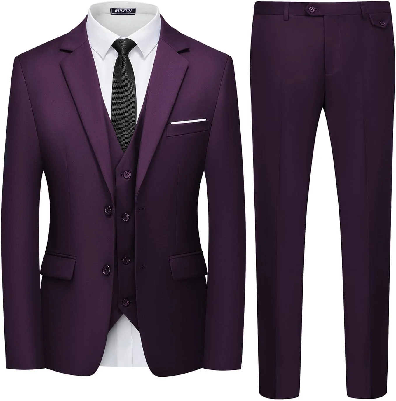 ست سه تکه کت و شلوار مردانه WULFUL با برش Slim Fit، شامل کت تک دکمه، جلیقه و شلوار، مناسب برای مهمانی، عروسی و تجارت، بنفش