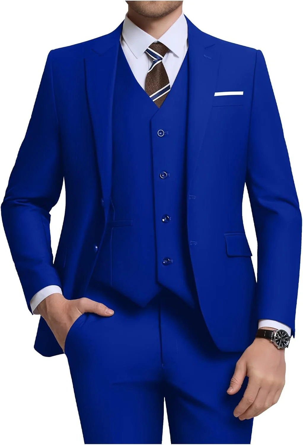 ست کت و شلوار مردانه 3 تکه اسلیم فیت، کت تک دکمه ای، جلیقه و شلوار، مناسب برای عروسی و جلسات کاری