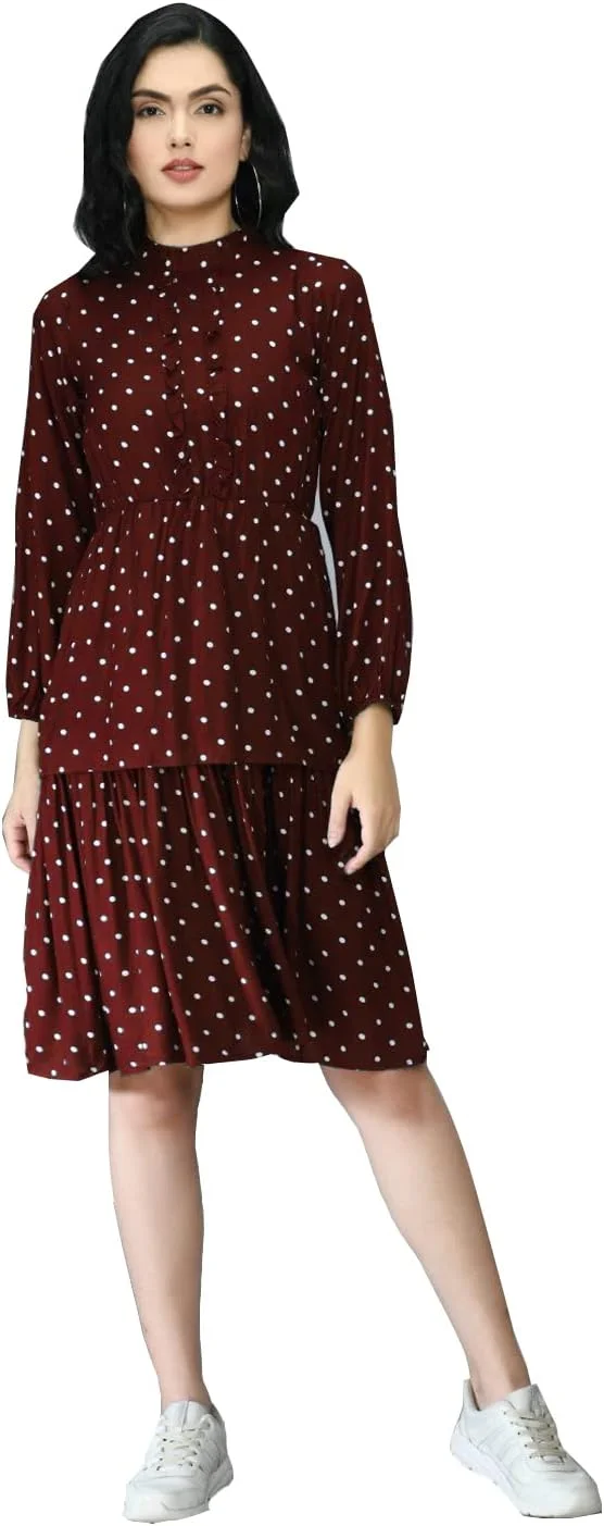 لباس بلند زنانه تابستانی لِریا فشن، طرح دار، آستین بلند، یقه ایستاده و حاشیه چین دار