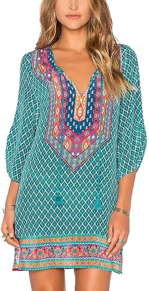 پیراهن ساحلی زنانه با طرح بوهو، یقه بندی، طرح چاپی وینتیج و استایل قومی مناسب تابستان