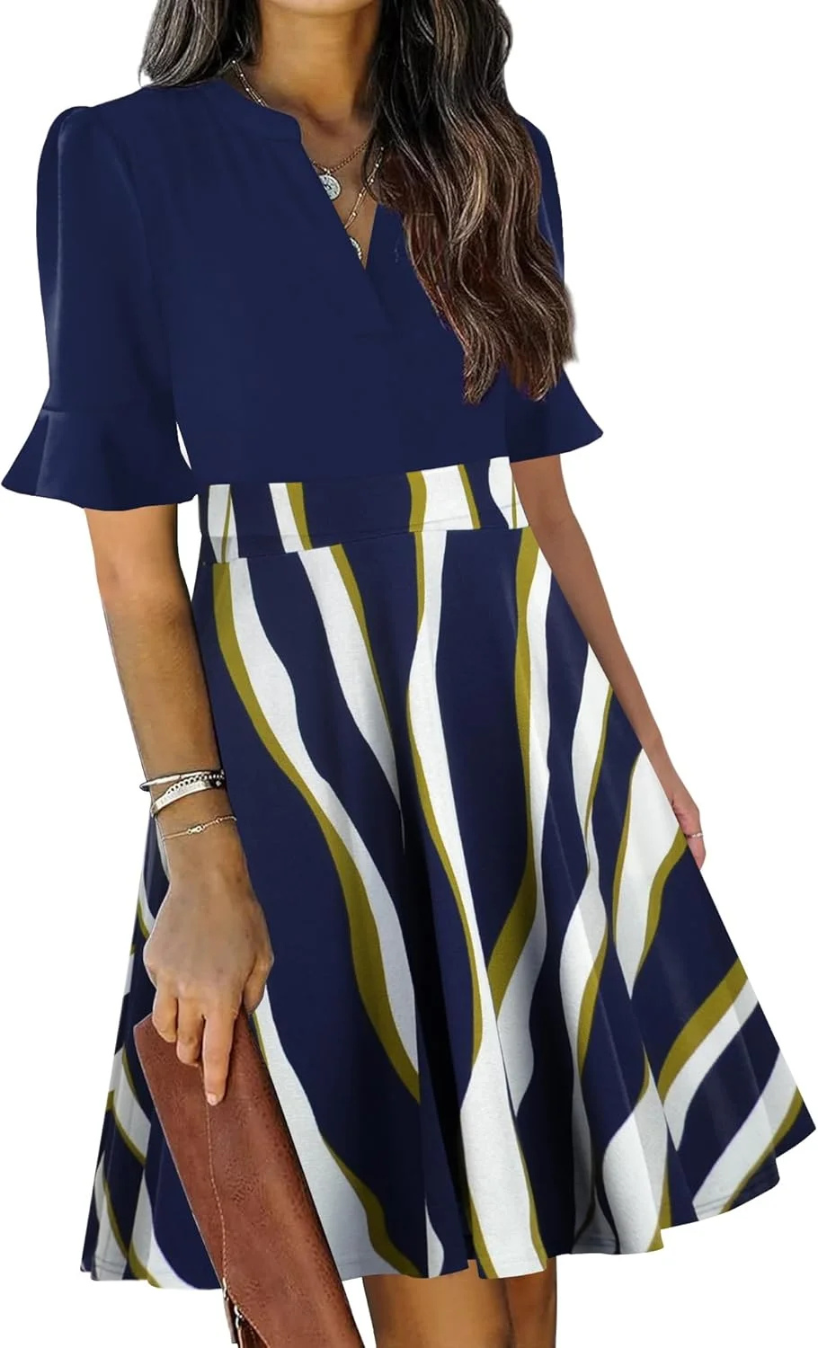 لباس زنانه تابستانی Mokayee یقه هفت آستین کوتاه چین دار مدل کلوش تا زانو مناسب مهمانی و مجالس با جیب