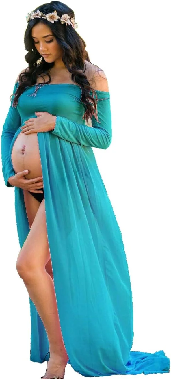 لباس بارداری بلند شیفون زیومودی، دامن جلوباز مناسب عکاسی