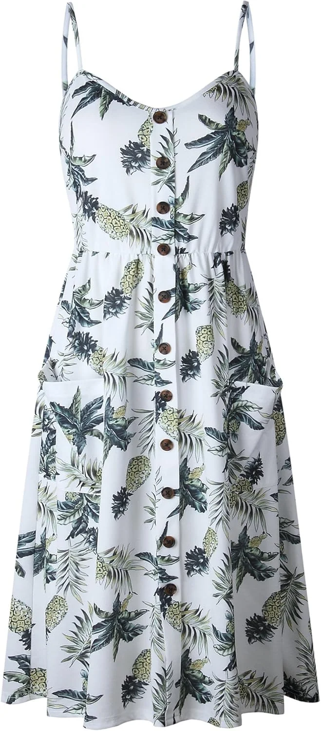 پیراهن میدی زنانه گلدار بند اسپاگتی دکمه دار جلو با جیب