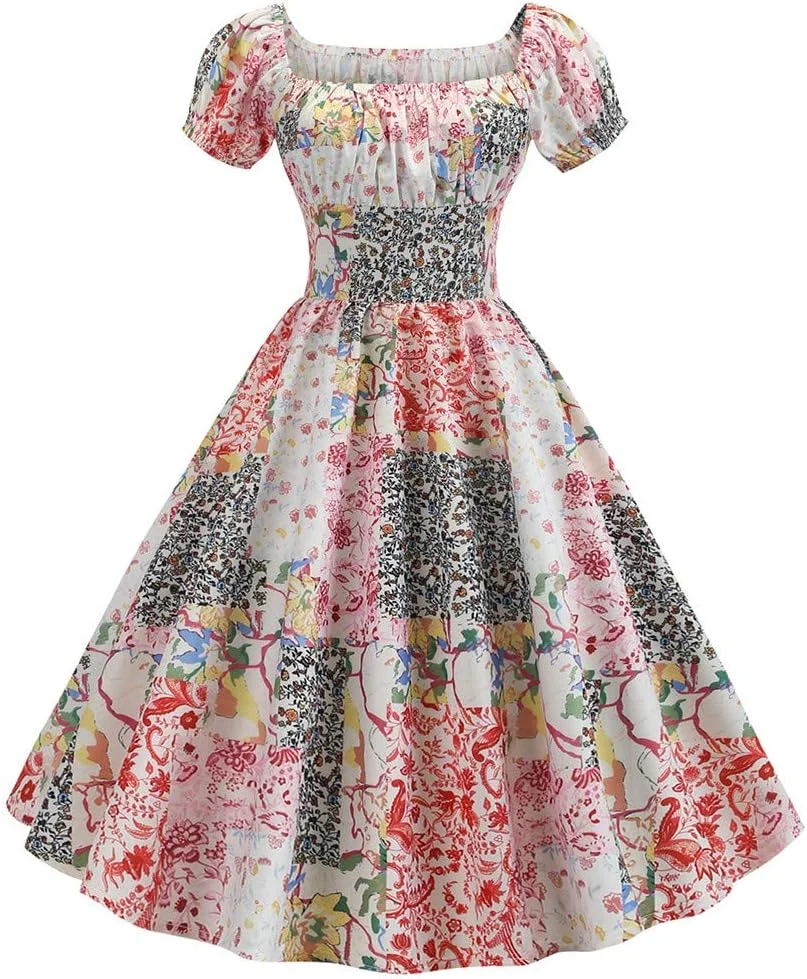 پیراهن زنانه طرح گلدار آستین کوتاه مدل کلوش، طرح رترو، کمر بلند، دامن پلیسه دار مناسب مهمانی و مجالس