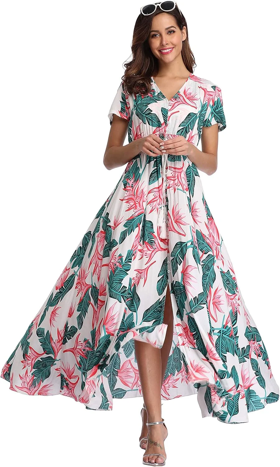 پیراهن ماکسی زنانه Ferrendo طرح بوهمی با دکمه، طرح گلدار، آستین کوتاه، مناسب مهمانی ساحلی